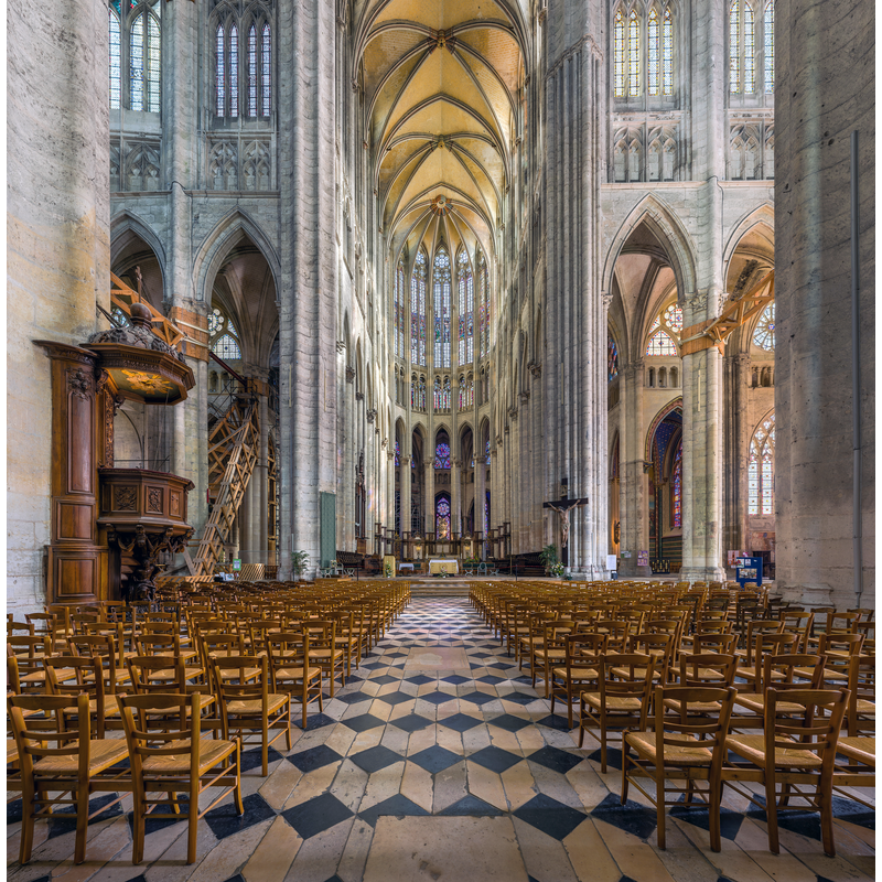 Source caption: "The interior of Beauvais Cathedral in Picardy, France, looking towards the choir. Visible is extensive bracing used to maintain stability."