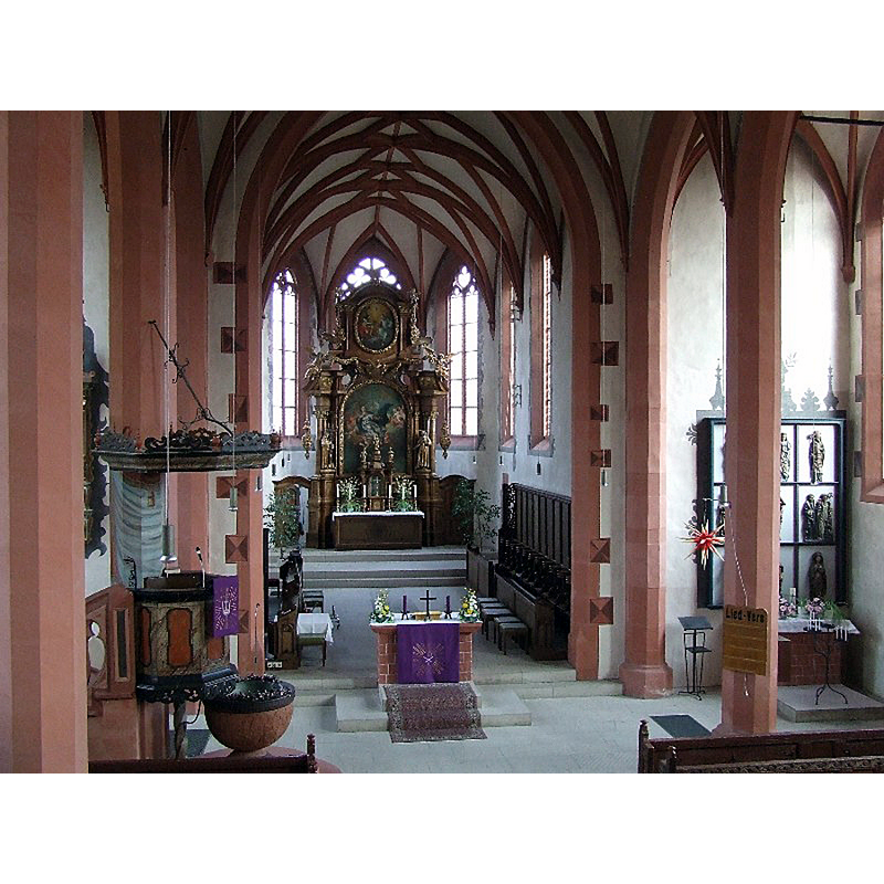 Source caption: "SimultankircheBechtolsheim-Innenraum" -- showing the font on the left, by the pulpit