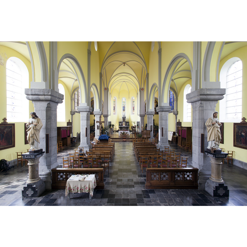 the interior of the 19thC church in Oret; the baptismal font and cover can be discerned at the far [east] end, left [north] side, in the chancel