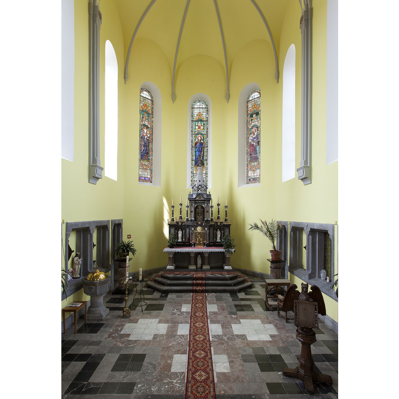 the 19thC church in Oret -- showing the font and cover in the bottom-left area of the image
