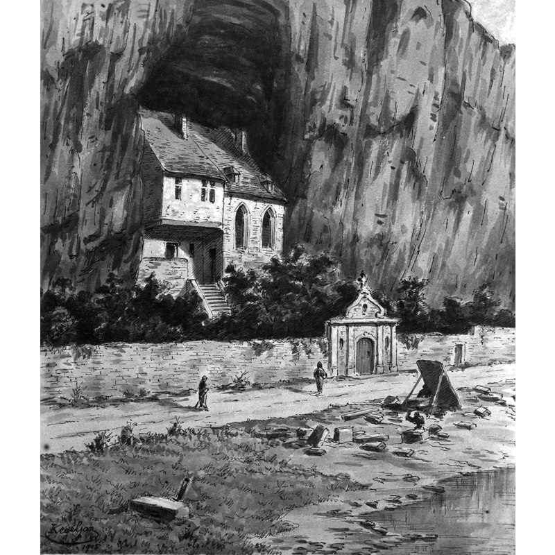 Source caption: "Ermitage des Grandes Malades (Namur)" -- 1915 painting by Franz  Kegeljan in the TreM.a – Musée des Arts anciens du Namurois