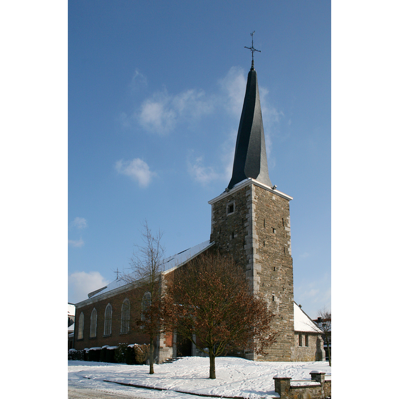 Source caption: "Jalhay (Belgique), l'église Saint-Michel et son clocher tors (1840) / Jalhay (Belgium), the Saint Michael's church and its twisted church tower (1840) / Jalhay (België), de kerk Sint-Michel en zijn gedraaide toren (1840) / Djalhé (Bèljike), l'èglîje Sint-Michèl èt s’twardu clotchî (1840)" -- the present tower is a partial re-building of the original 16thC tower that itself had been re-built in 1840