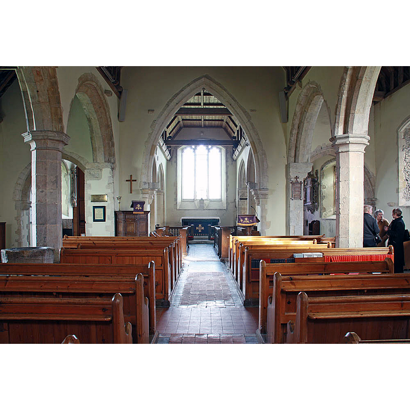 Source caption: "St James, Elmsted, Kent - East end" -- the basin of the old font is partially visible on the left
