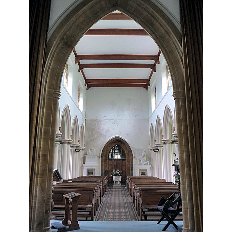 Source caption: "Inside St. Mary, East Morden" -- showing the font at the far [west] end