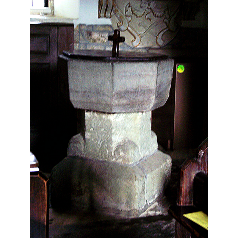 Source caption: "All Saints Church, Fifehead Neville - Font. 14th Century font made from Purbeck stone with a greensand base."