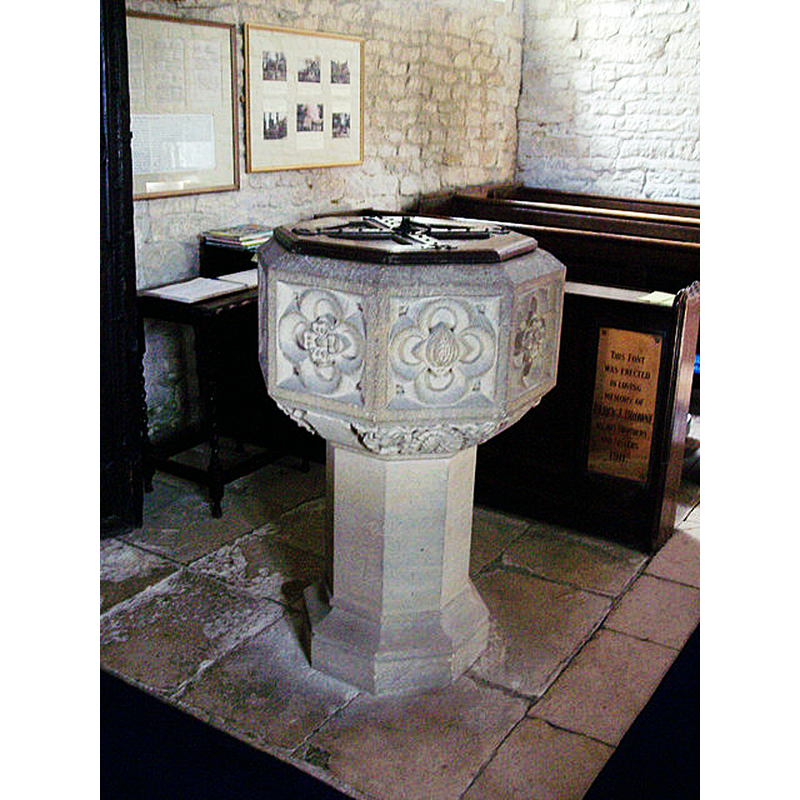 Source caption: "Church of St Mary Magdalene, Fifehead Magdalen - Font" -- the modern font is 20thC