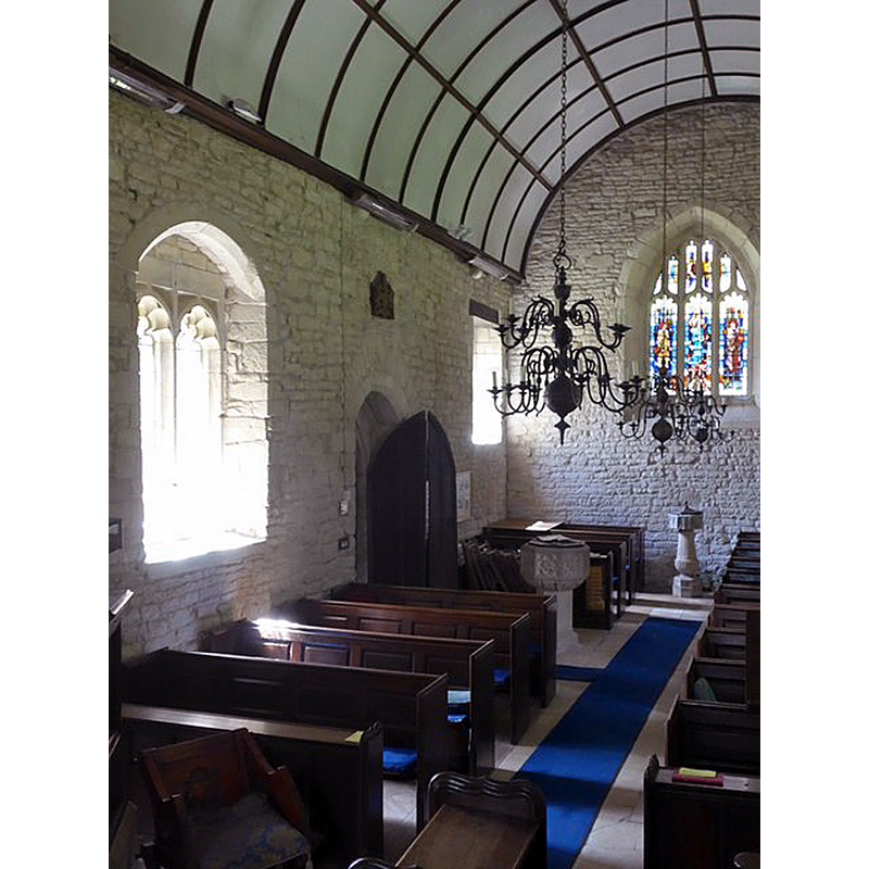 Source caption: "St Mary Magdalene, Fifehead Magdalen: nave" -- the modern font by the door; the composite font at the back, by the west wall