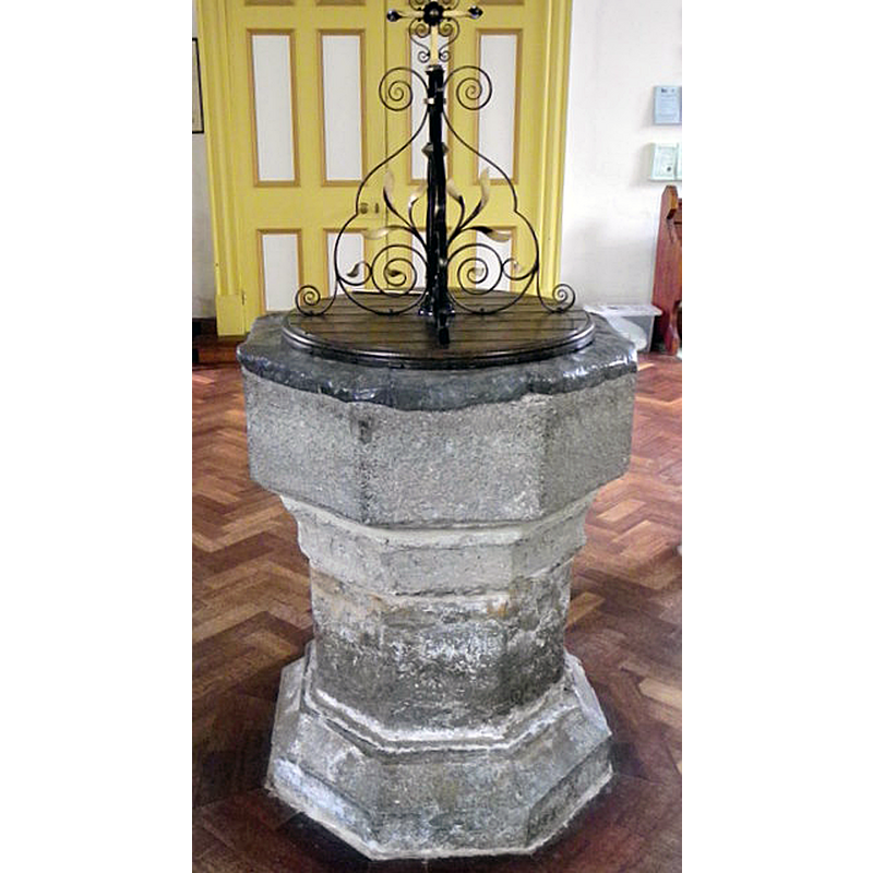 Source caption: "Font, Lytchett Minster Parish Church. The octagonal font dates from the 16th century."