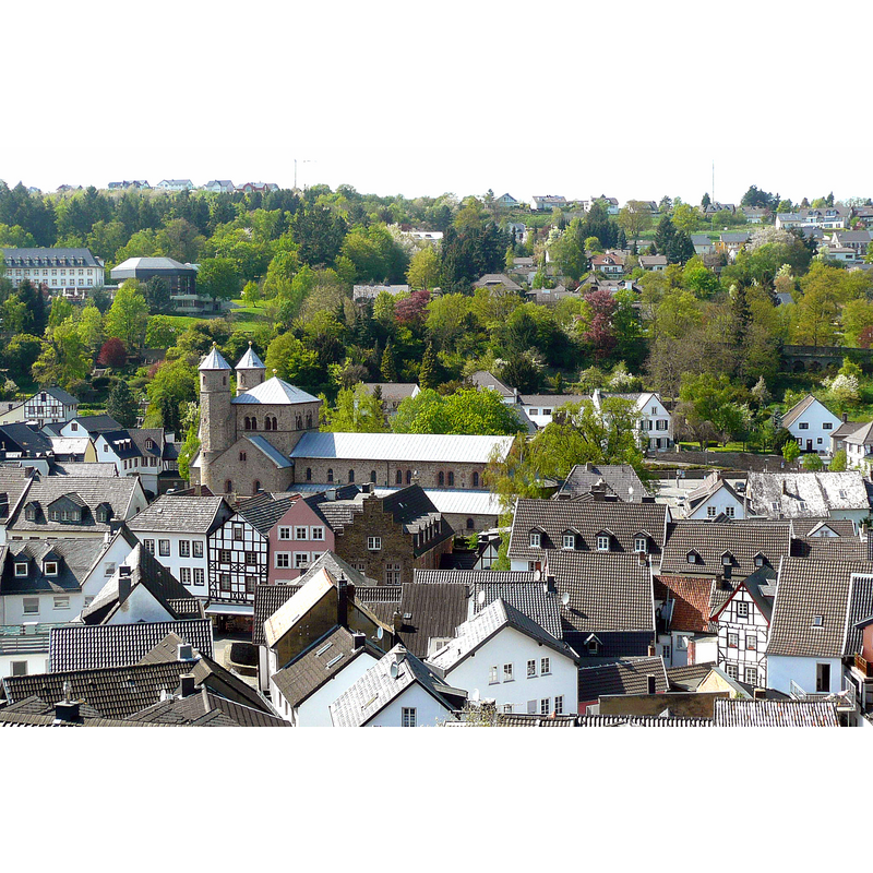 Source caption: "Old town of Bad Münstereifel, seen from the north. Romanesque church."