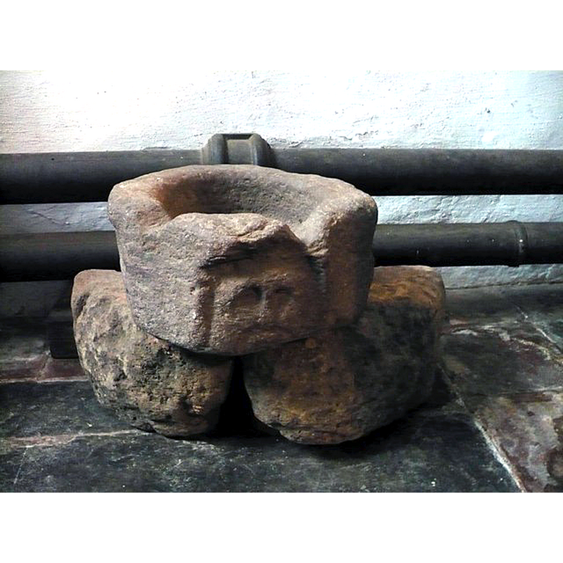 Source caption: "Inside Selworthy church. This strange object is thought to be part of a Saxon font, found outside the church." -- the CRSBI entry [cf. FontNotes] suggests a lavabo or piscina instead