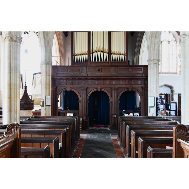Source caption: "Selworthy, All Saints Church: The nave" -- showing the font and cover on the left, in the south aisle