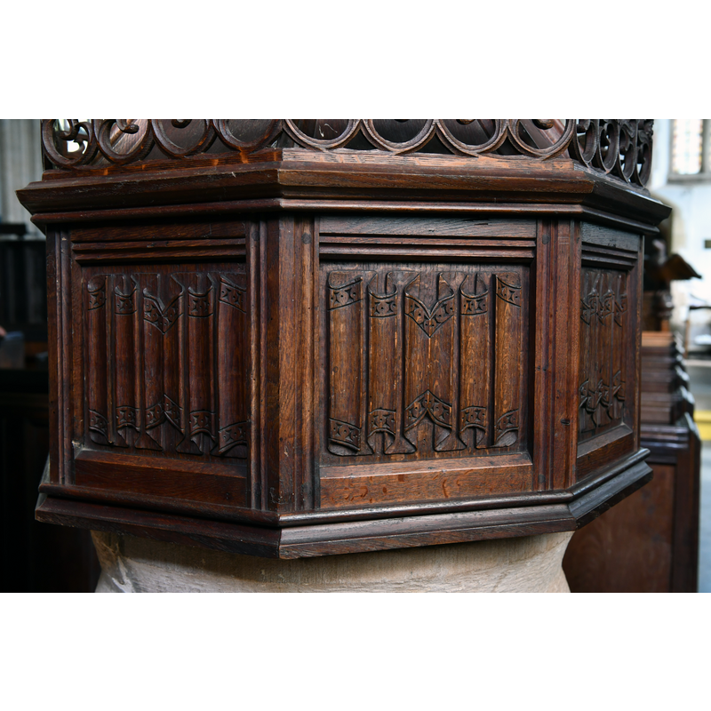 [NB: the original caption in Geograph was mis-labelled as: "Selworthy, All Saints Church: Pulpit constructed from reset medieval panels" -- it is actually the side of the font cover]