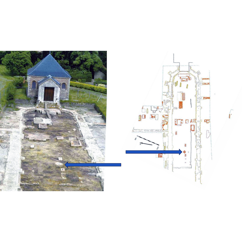 the blue arrows point to the presumed location of the baptismal font inside the abbey church [cf. FontNotes]