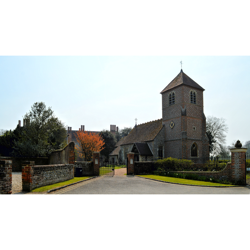 Source caption: "St Margaret, Mapledurham. Church and Elizabethan manor house together by the Thames [...] The church was heavily 'restored' by William Butterfield in 1863, which included adding a few extra feet and a pyramid top to the tower. He also added the North porch."