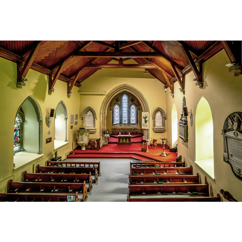 Source caption: "Interior of St. David's Church, Naas captured from the balcony. Clearly visible are the Arched Sanctuary, 19c Pulpit, Communion table, Lectern and pews and the East Window."
