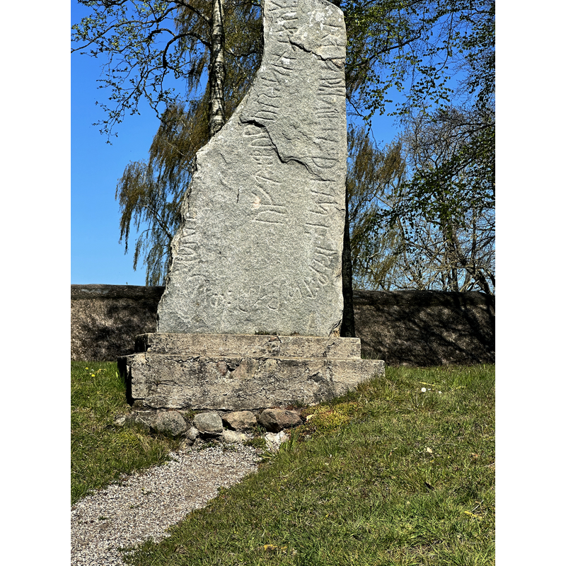 the 10thC Runic stone was built into the south wall of the church; later detached -- "The Rimsø stone or DR 114 is a runestone from the 10th century near Århus in Denmark. It is one of few runestones raised after a woman, and it is raised by her son who exclaims that losing one's mother is the worst thing that can happen to a boy" [cf. Wikipedia entry for the details of the inscription [source: https://en.wikipedia.org/wiki/Rimsø_Runestone] [accessed 11 December 2024]]