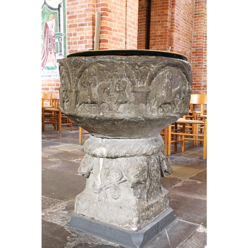 basin sides showing: Flight to Egypt --> Triumphal entry of Christ into Jerusalem -- angels in the spandrels