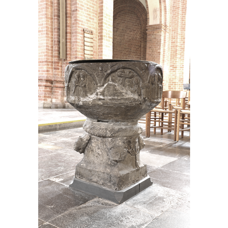 basin sides showing: Visitation --> Nativity -- > Magi -- angels in the spandrels -- angels in the spandrels