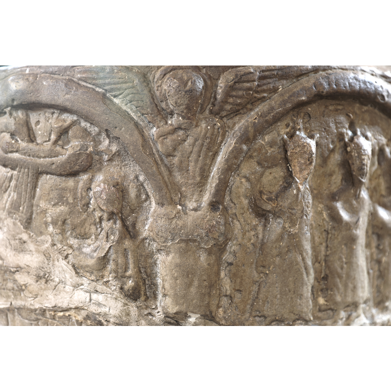 showing a partly painted angel in the spandrel