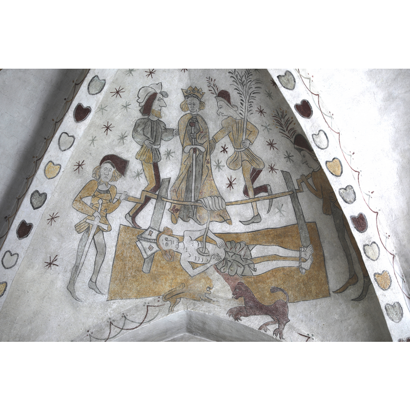 Martyrdom of St. Erasmus of Formia, aka Elmo, on the apse; Erasmus suffered martyrdom during Diocletian's persecution of the Christians in the 3rdC AD -- He is usually represented with his entrails wound on a windlass, or as a vested bishop holding a winch or windlass