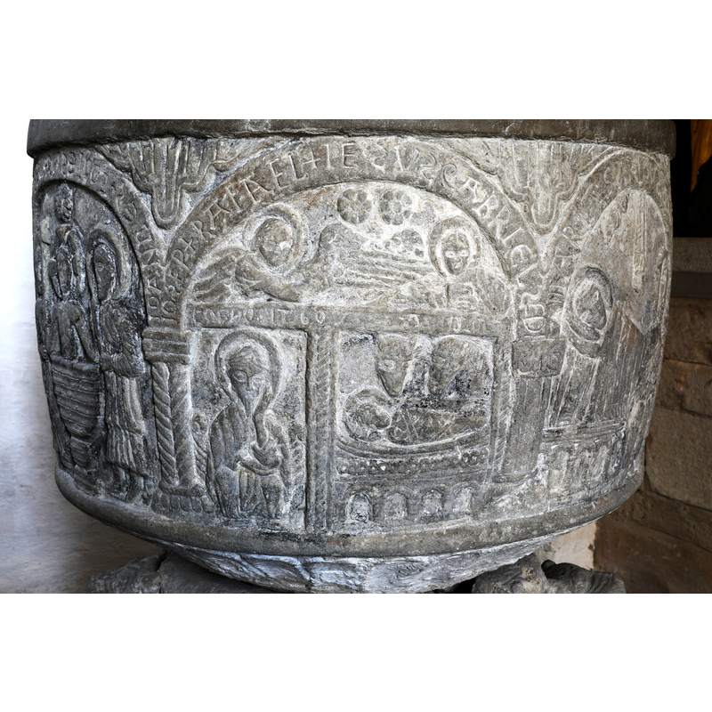 showing [L-->R]: Ghrist's First Bath --> Joseph's First Dream in the centre arch, left side, the Nativity split: Christ Child on the right, with animal pen atop --> continuation of the Nativity scene with Mary in bed
