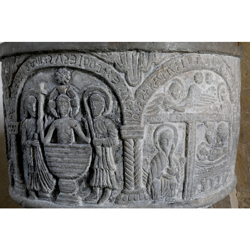 showing Christ's First Bath (left) and the Nativity (right)