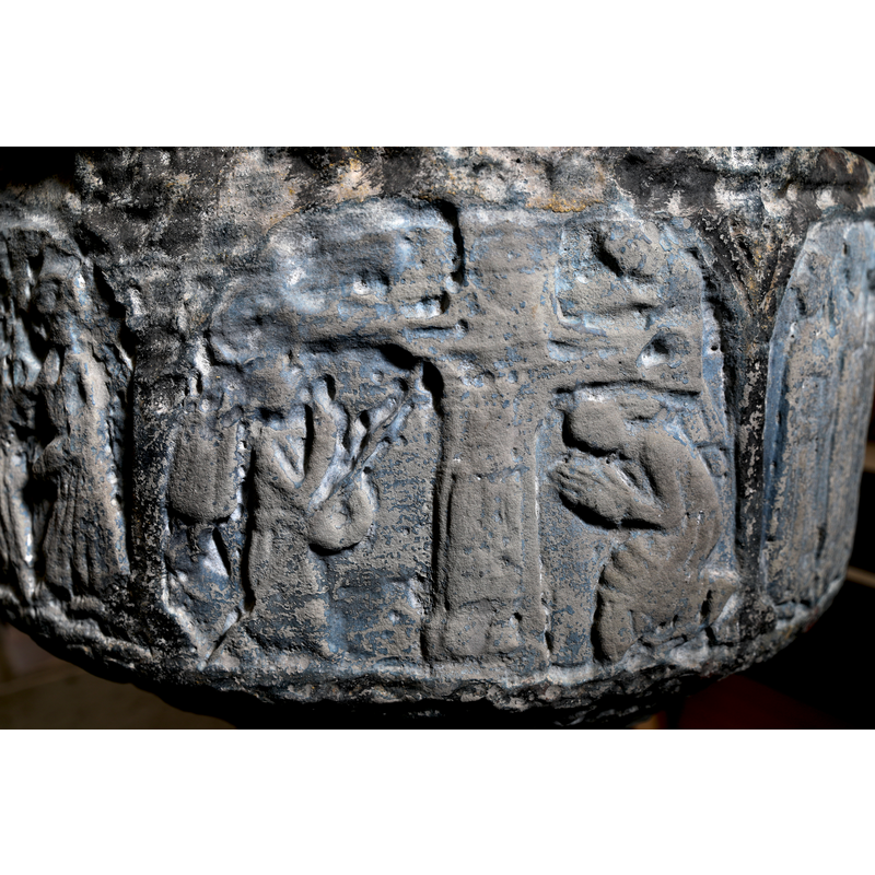 showing the Crucifixion scene: Mary and John kneeling; Longinus in the upper right corner of the image