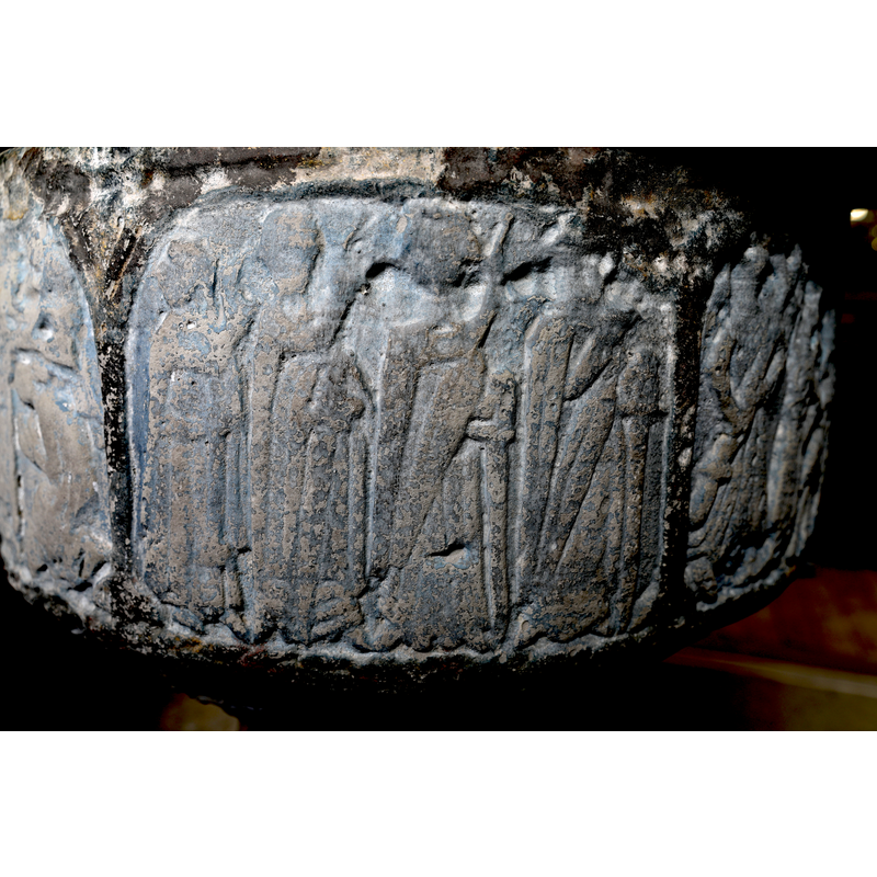 showing the Arrival of the Magi: dressed as pilgrims and carrying swords, one hand pointing upwards