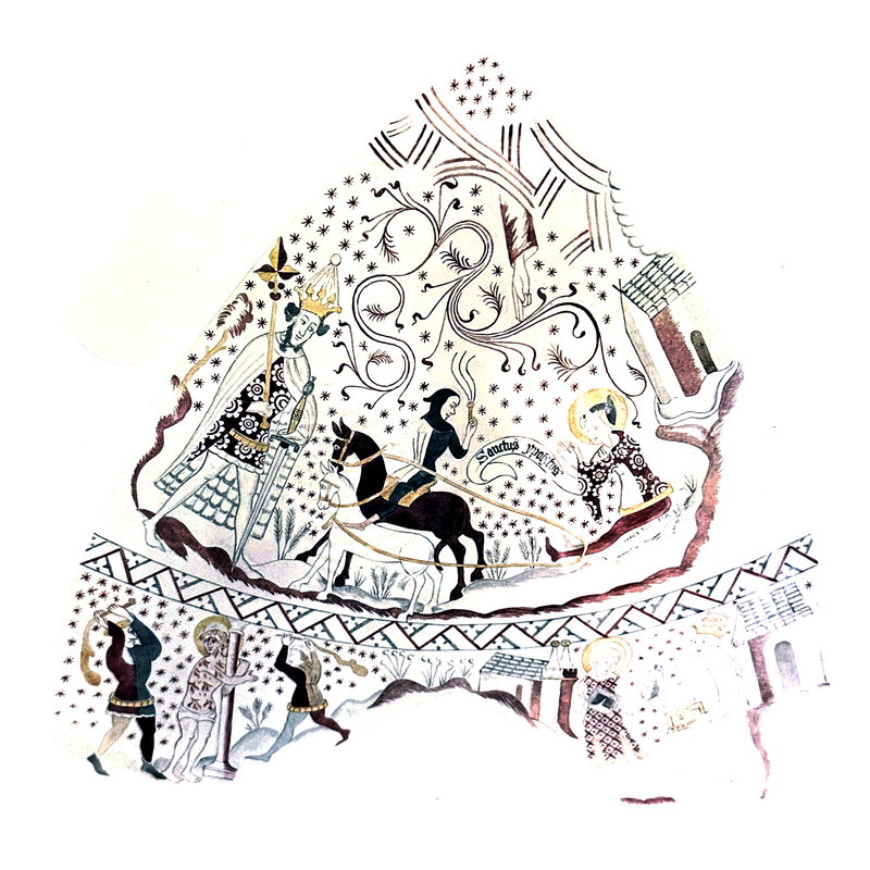 digital image of a watercolour rendering of a painting discovered under the plaster; the original painting is now gone; only the watercolour reproductions remain under glass
