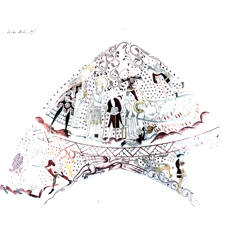 digital image of a watercolour rendering of a painting discovered under the plaster; the original painting is now gone; only the watercolour reproductions remain under glass