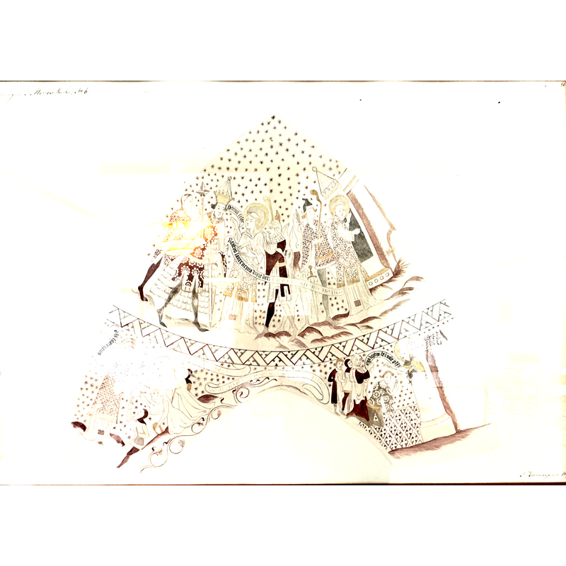 digital image of a watercolour rendering of a painting discovered under the plaster; the original painting is now gone; only the watercolour reproductions remain under glass