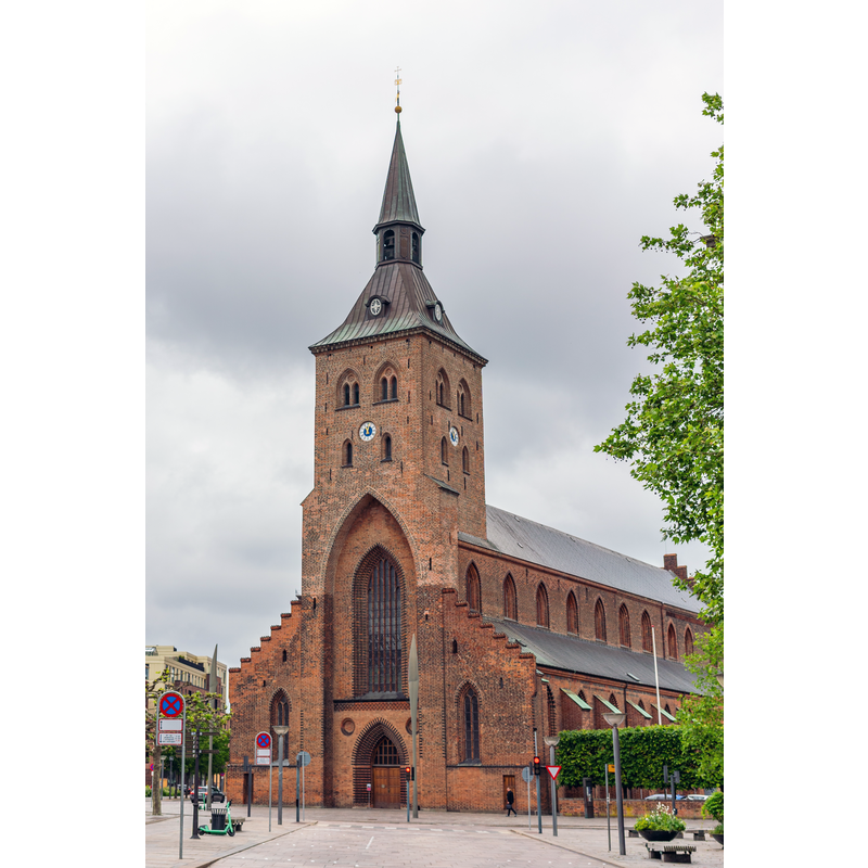 Source caption: "A photograph of Saint Canute's Cathedral on a cloudy day in Odense, Denmark."