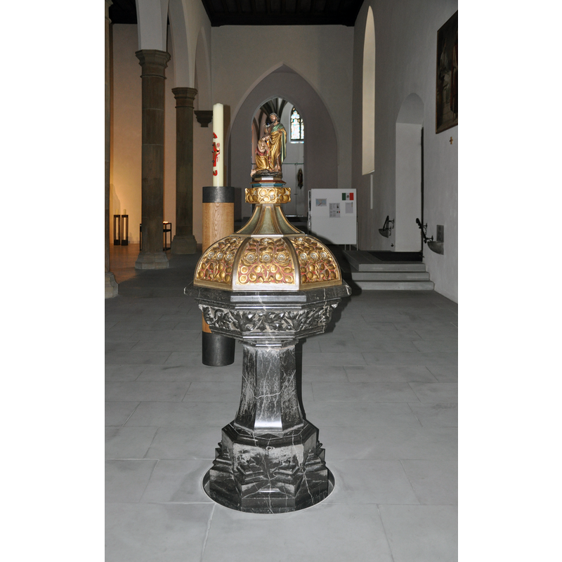 Source caption: "Ravensburg, Liebfrauenkirche (nach der Renovierung und Umgestaltung), Taufstein (jetzt im äußeren rechten Seitenschiff)" -- showing the 19thC font and cover re-installed in 2011 to its location in the south aisle