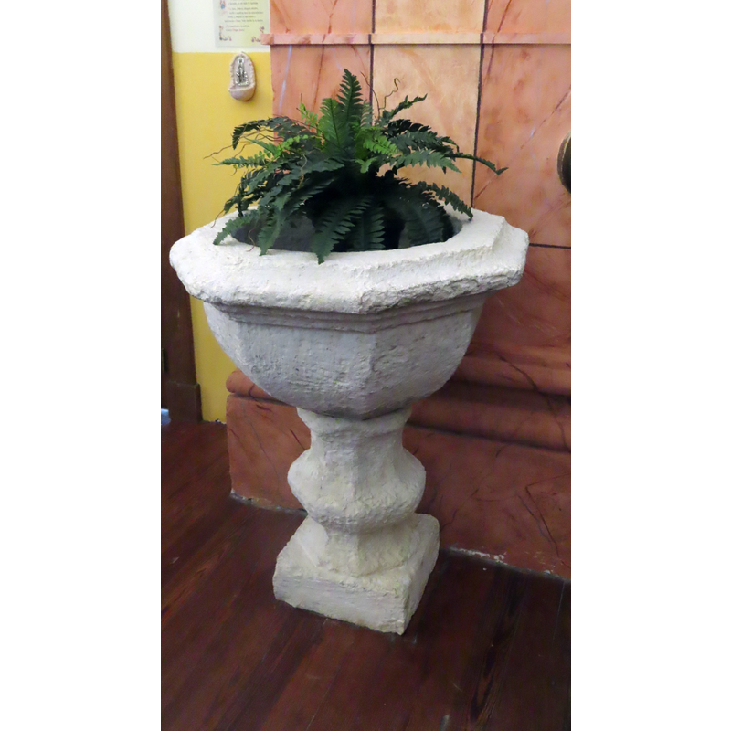 re-cycled from a replacement font, later used as holy-water stoup and now a planter [cf. FontNotes]