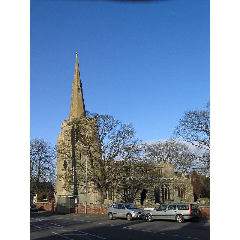Source caption: "Church of St. Laurence, Surfleet. The top of the tower is 6 feet off perpendicular; a result of subsidence common on the soft ground of the Fenlands."