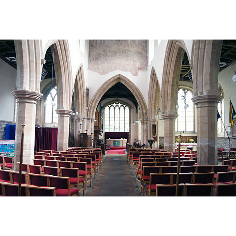 Source caption: "Looking towards the east end. Note the identical north and south aisle arches and their symmetry with the chancel arch. Right: The chancel. The west window is plain-as-pikestaff Perpendicular style. The tracery was restored in the c19. This part of the church is strangely overlooked by both the Church Guide and by Pevsner but it is clearly in the Perpendicular style throughout and, it has to be admitted, has little of interest."