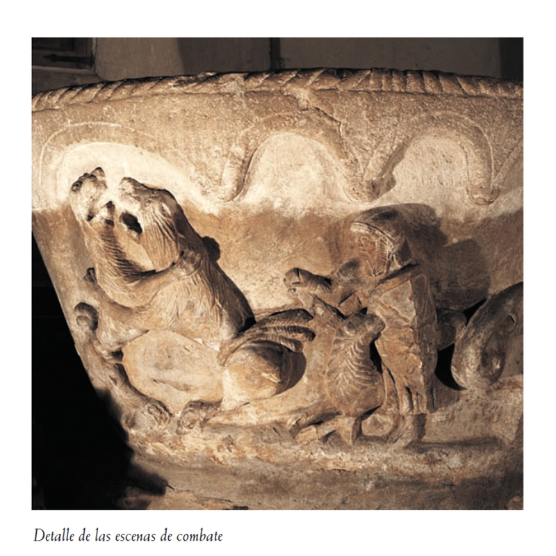 beasts fighting on the left; warrior and dragon fight on the right