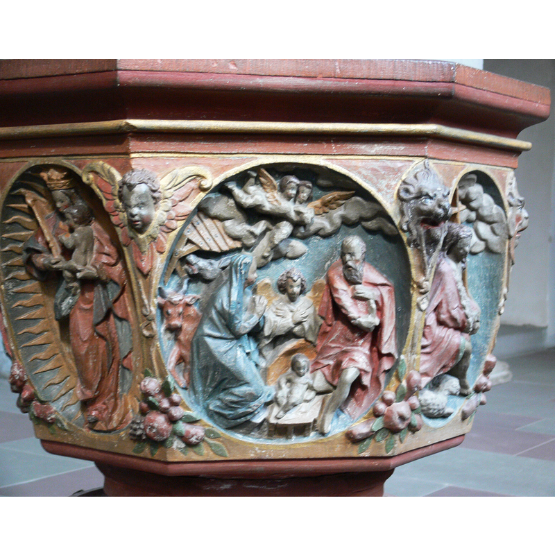 Source caption: "Tafustein der Stadtpfarrkirche St. Maria Magdalena, Münnerstadt, von Georg Prünn, 1613. Geburt Christi"