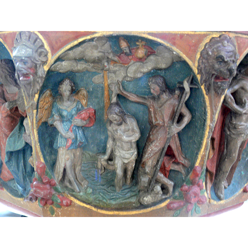 Source caption: "Tafustein der Stadtpfarrkirche St. Maria Magdalena, Münnerstadt, von Georg Prünn, 1613. Taufe Christi"