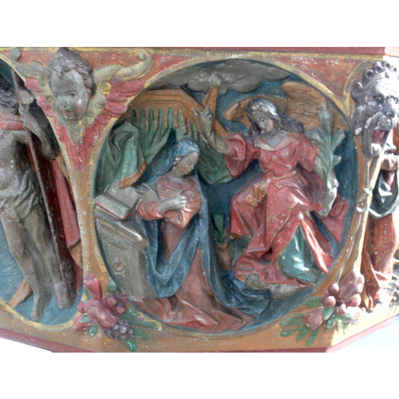 Source caption: "Tafustein der Stadtpfarrkirche St. Maria Magdalena, Münnerstadt, von Georg Prünn, 1613. Verkündigung"