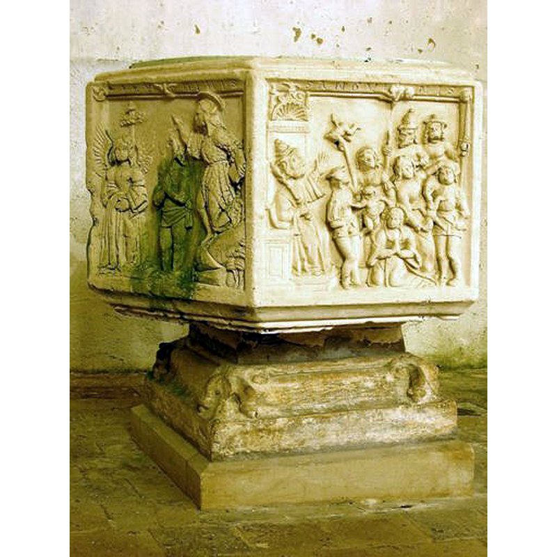 Source caption: "Fonts baptismaux : Baptême de Clovis, Pentecôte, Massacre des Innocents, Baptême du Christ, vue générale"