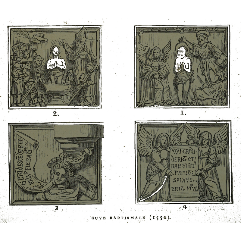 labelled "3", on the bottom left of the image: showing on a scroll carried by a young(?) figure; it bears the text and its source from John 5:4
