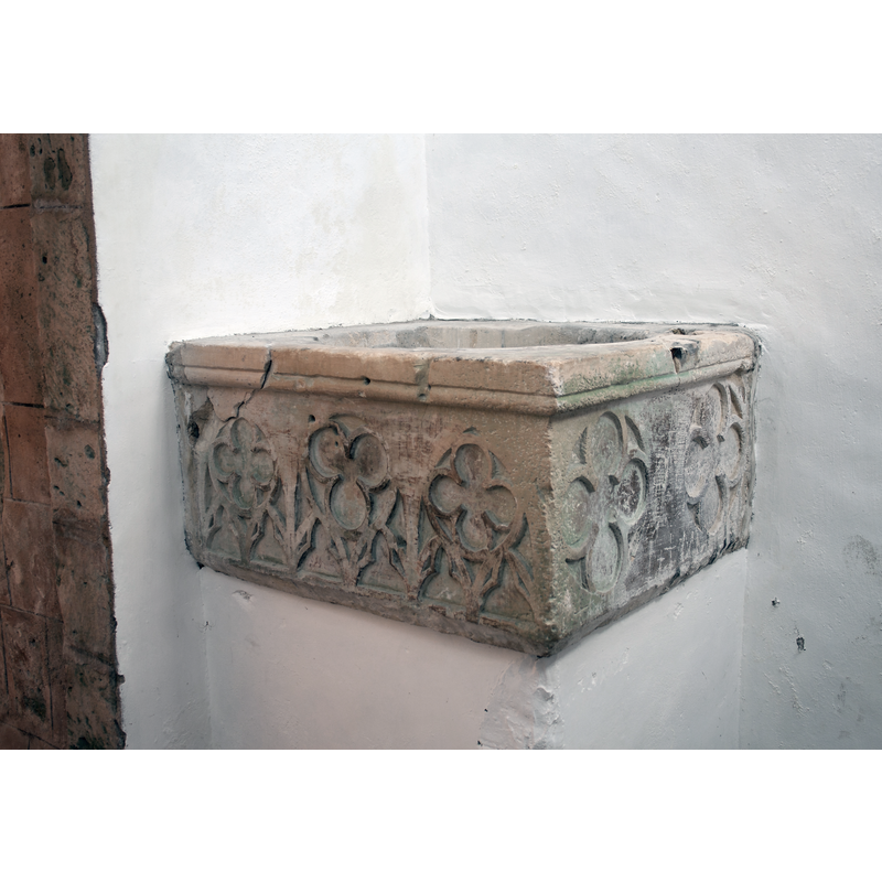 Source caption: "Auderville Parish Church Saint Gilles Baptismal Font"