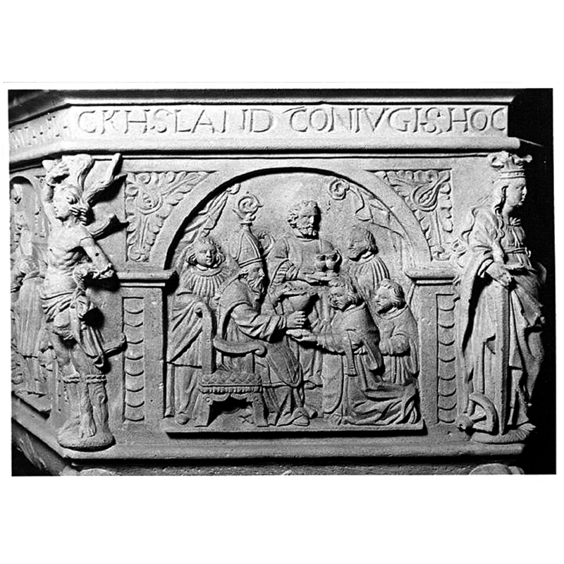 Source caption: "Fonts baptismaux, détail du relief de l'Extrême-Onction."