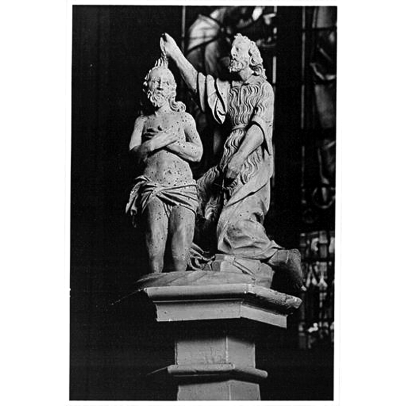 Source caption: "Fonts baptismaux, détail du relief du baptême du Christ sur le couvercle."