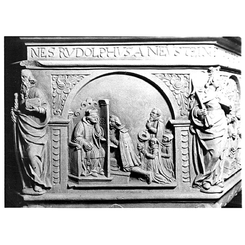 Source caption: "Fonts baptismaux, détail du relief de l'Ordination." [erroneous source identification of the subject]