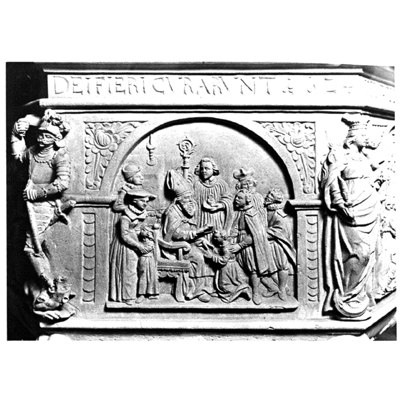 Source caption: "Fonts baptismaux, détail du relief de la Confirmation."