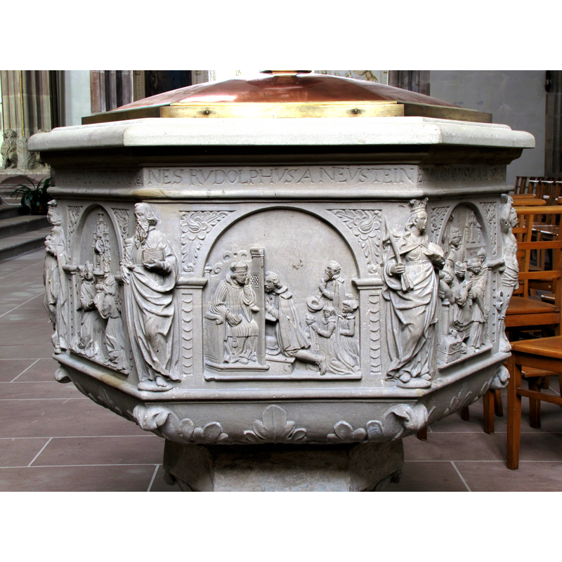 Source caption: " Alsace, Bas-Rhin, Église Saint-Georges de Molsheim, ancienne église des Jésuites (1618) [...] Fonts baptismaux (1624): Confession" -- showing L-->R: Madonne and Christ Child --> Eucharist --> St Paul --> Penance --> St Ursula --> Extreme Unction - St Sebastiam