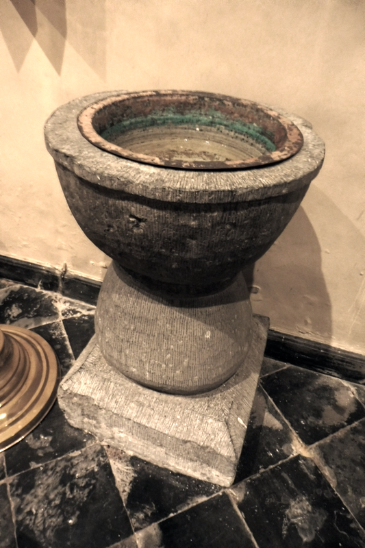 showing the metal basin insert -- the font cover is partailly visible on the ground, to the left