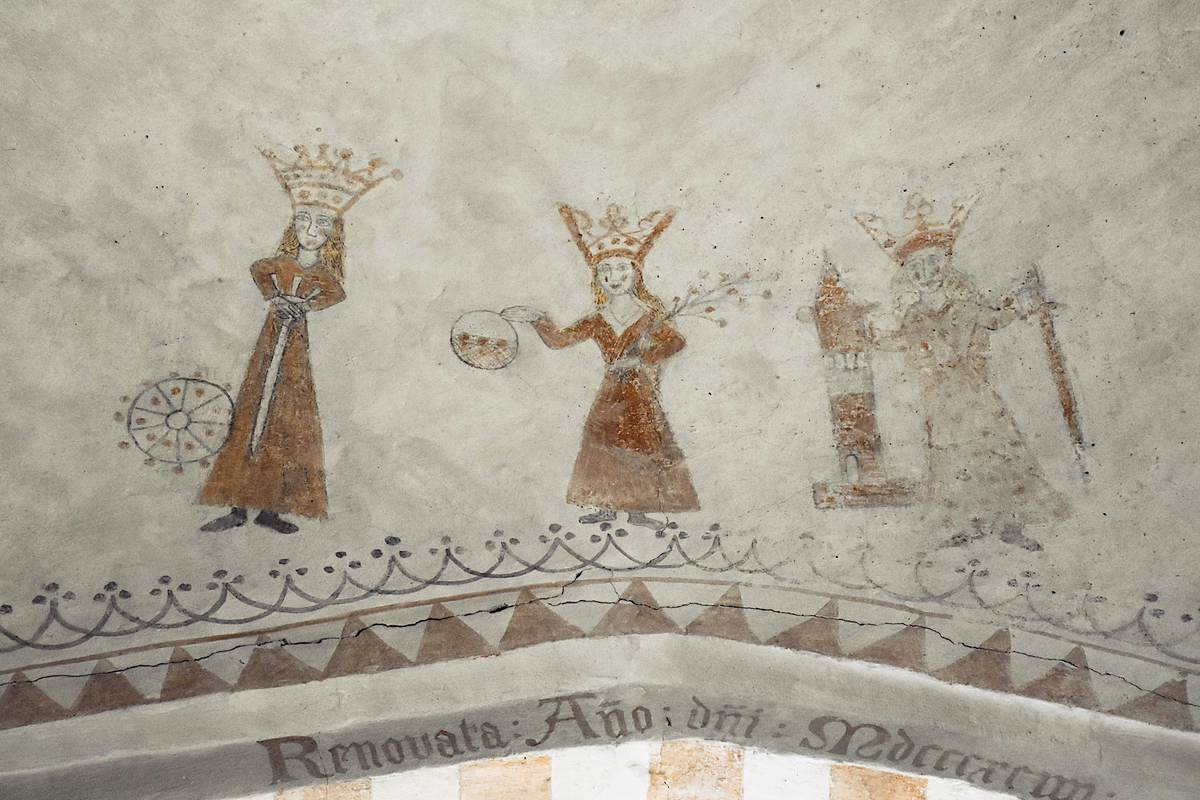 "Church frescos in Nordby Kirke- Three female saints: Saint Catherine with the wheel, Saint Dorothea with the basket of flowers and Saint Barara with tower and sword"